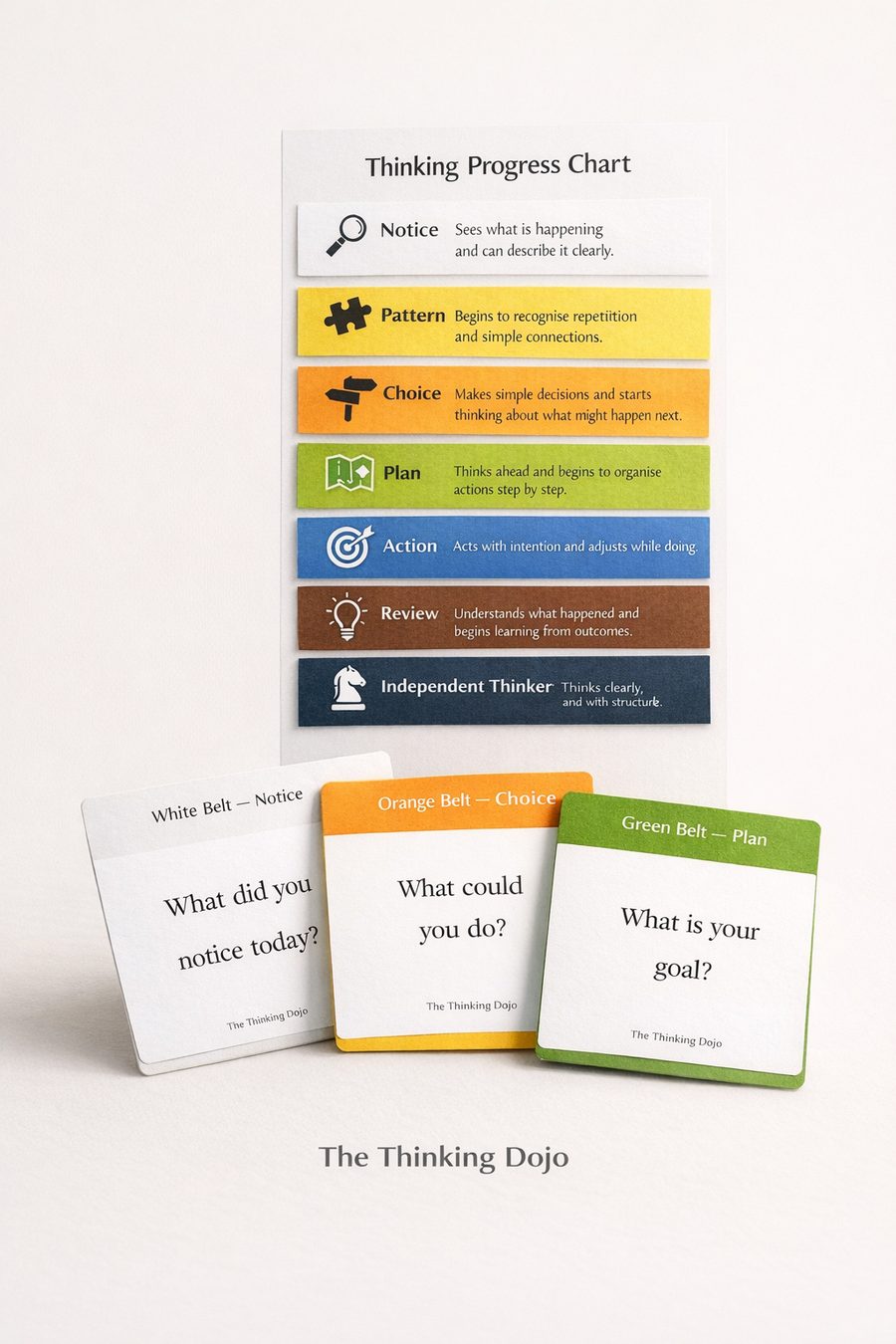 The Thinking Progress Chart with White, Orange and Green belt thinking cards in front of it.