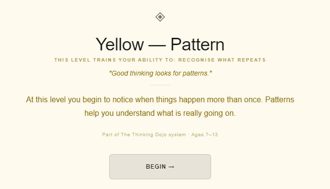 Coach screen: Yellow, Pattern. This level trains your ability to recognise what repeats.