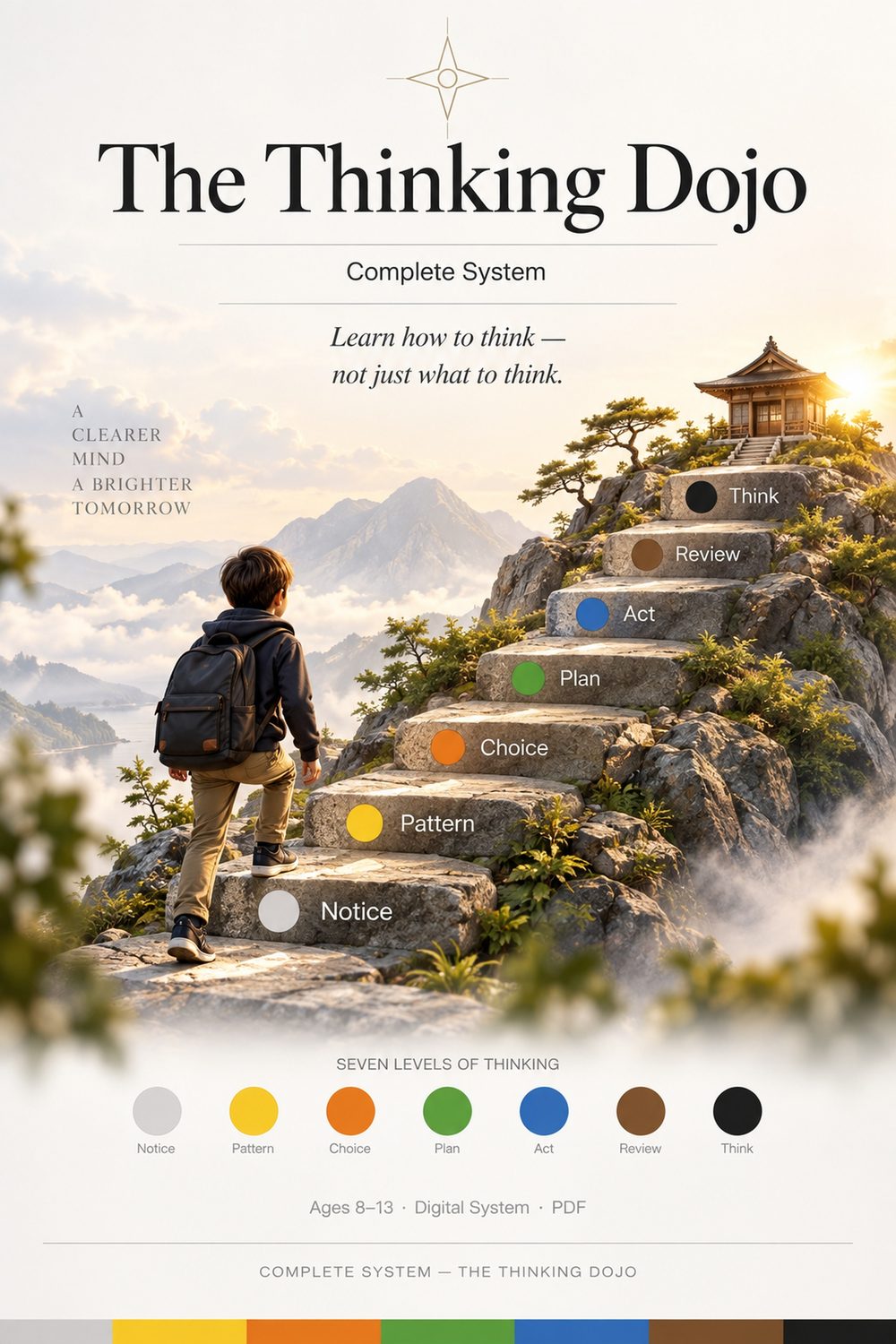 The Thinking Dojo Complete System cover: a boy climbing seven coloured stone steps, Notice to Think, towards a dojo at sunrise.