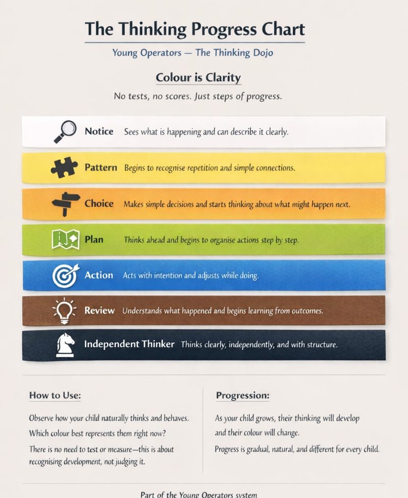 The Thinking Progress Chart: seven coloured bands from Notice to Independent Thinker, each with a one-line description.
